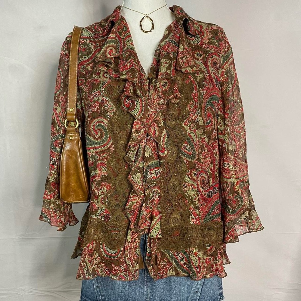 Fairy 14W Paisley Print 100% Silk Lace Pink Brown Ruffled Blouse